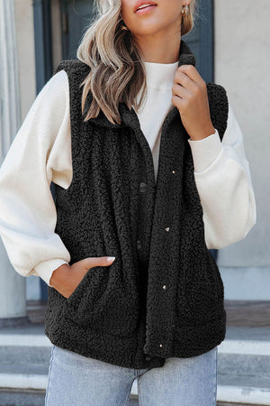 Green Snap Button Collared Stand Neck Sherpa Vest