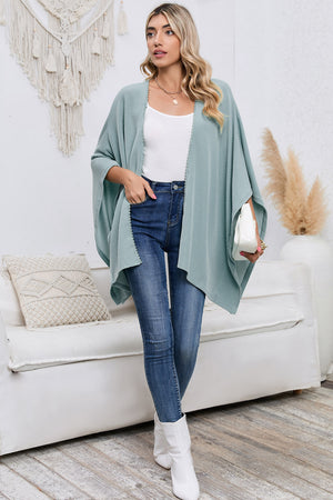 Black Textured Lace Trim Open Front Kimono Cardigan