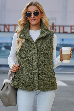 Green Snap Button Collared Stand Neck Sherpa Vest