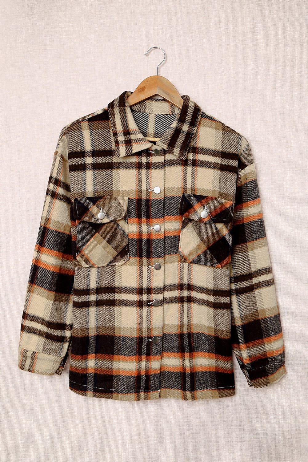 Brown Plaid Button Up Long Sleeve Flannel Jacket