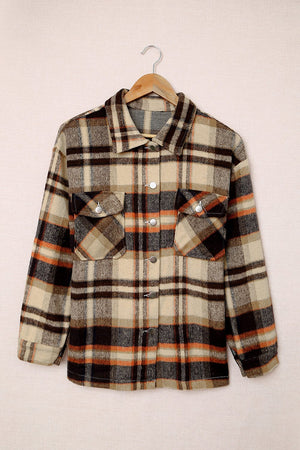 Brown Plaid Button Up Long Sleeve Flannel Jacket