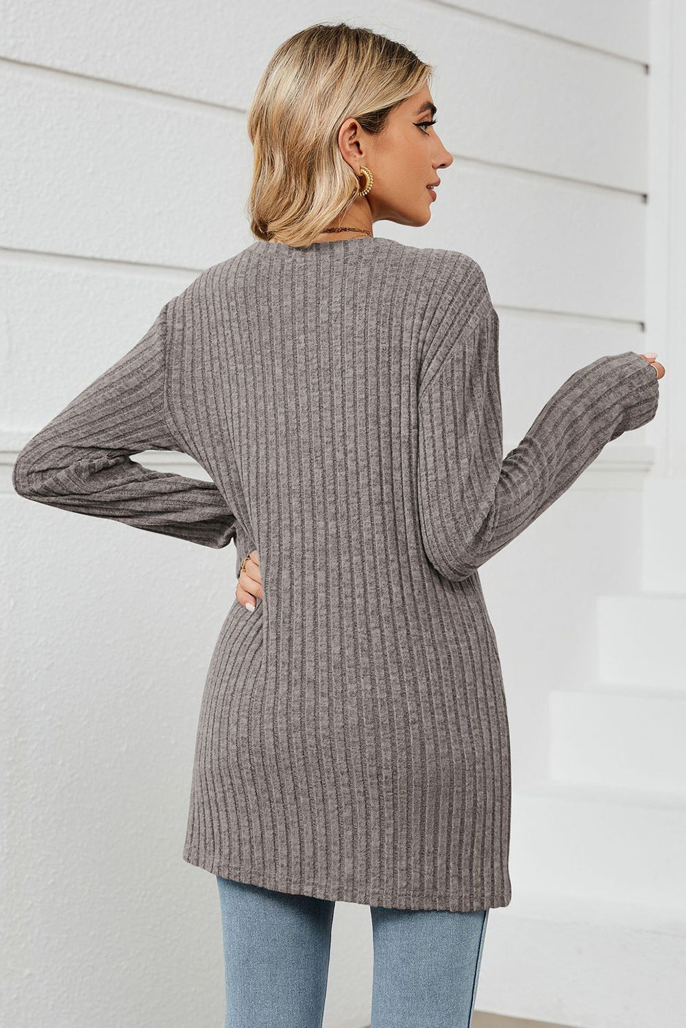 Black Grey Striped Knit Casual Button V Neck Tops