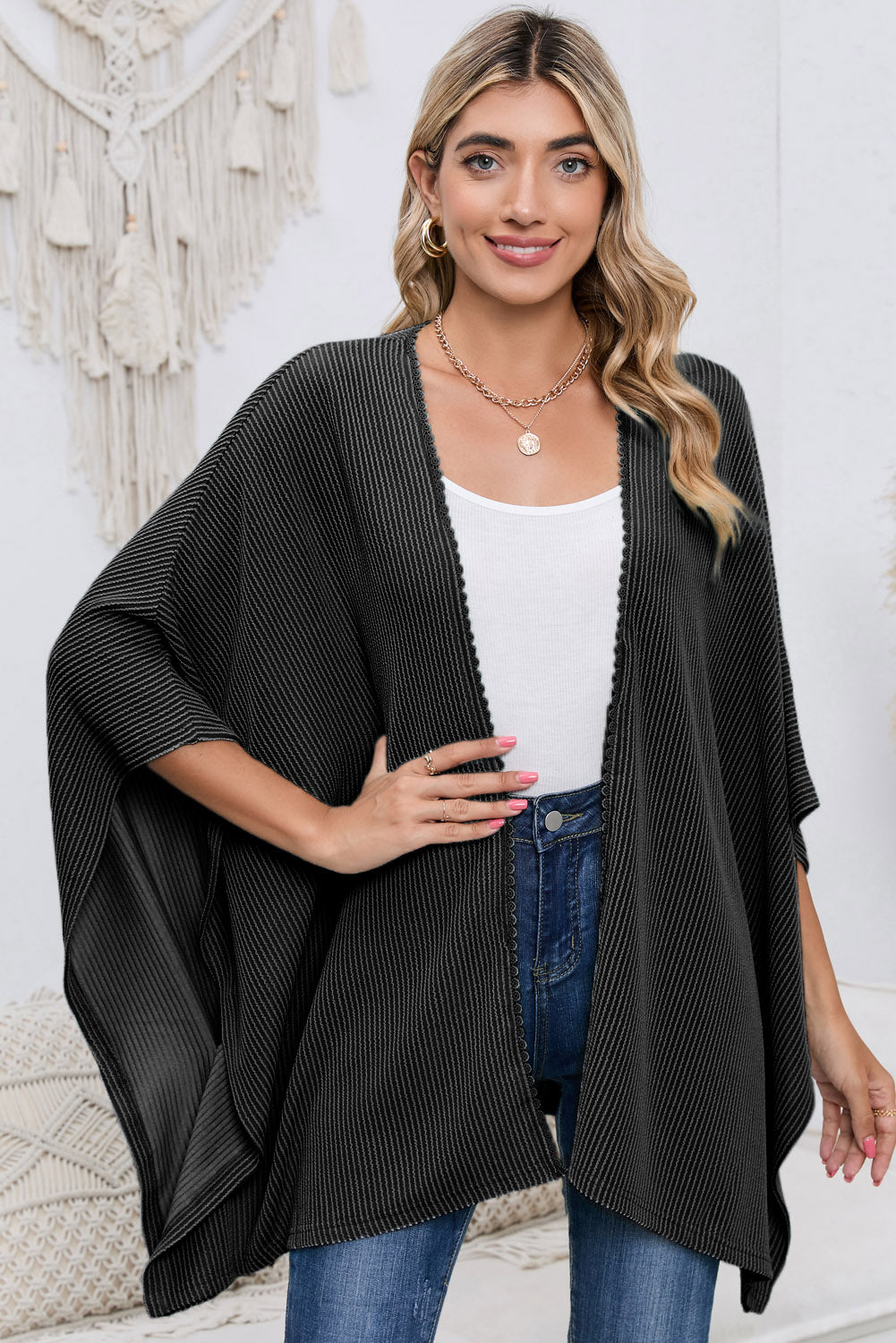 Black Textured Lace Trim Open Front Kimono Cardigan