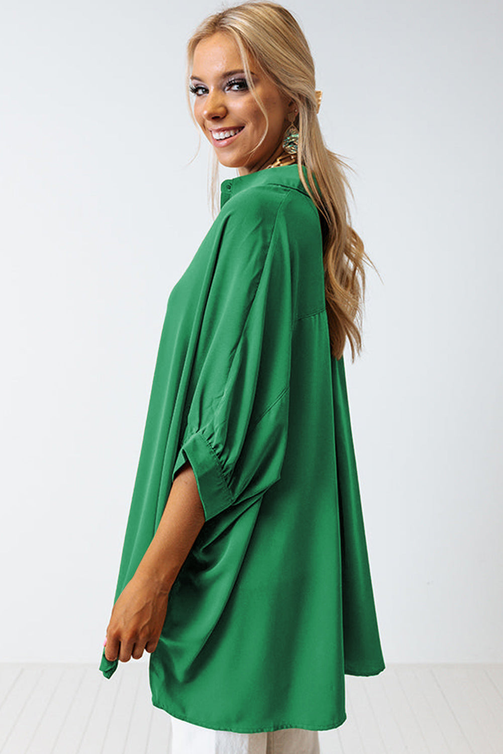 Green 3/4 Batwing Sleeve Oversize Button Up Shirt