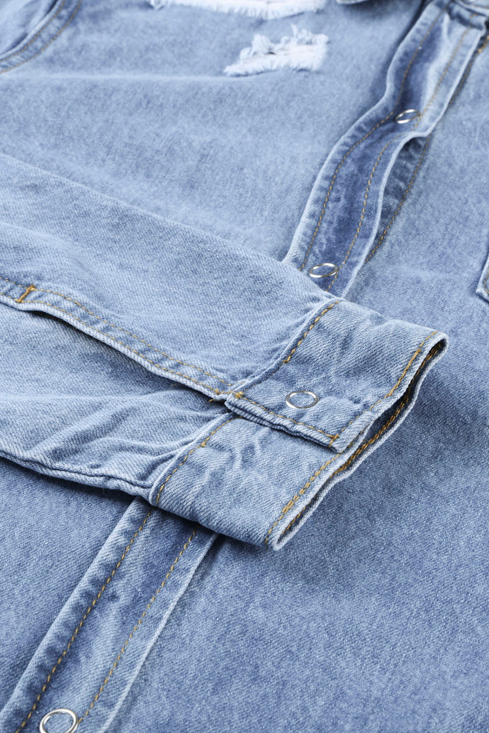Green Casual Ripped Raw Hem Button Up Denim Shacket