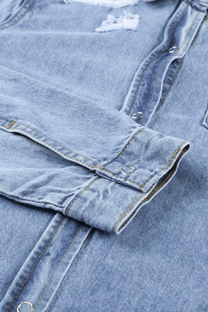 Green Casual Ripped Raw Hem Button Up Denim Shacket