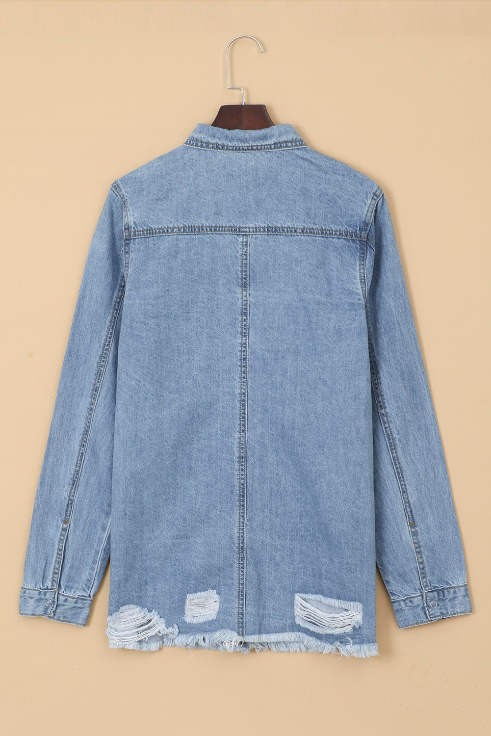 Green Casual Ripped Raw Hem Button Up Denim Shacket