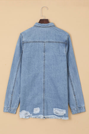 Green Casual Ripped Raw Hem Button Up Denim Shacket