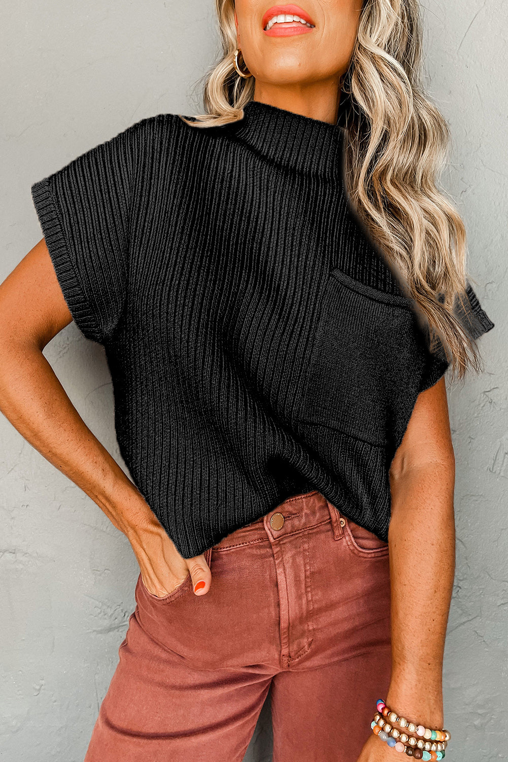 Green Patch Pocket Ribbed Knit Short Sleeve Sweater