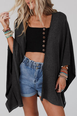 Black Textured Lace Trim Open Front Kimono Cardigan