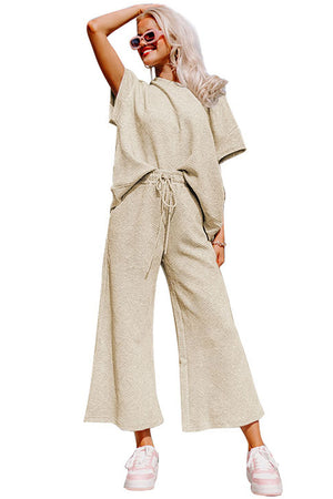 Black Textured Loose Fit T Shirt and Drawstring Pants Set