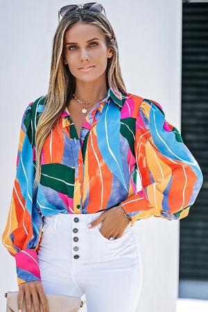 Multicolor Swirl Color Block Print Lantern Sleeve Shirt