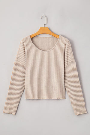 Beige Lettuce Cuffs Drop Shoulder Loose Ribbed Knit Top