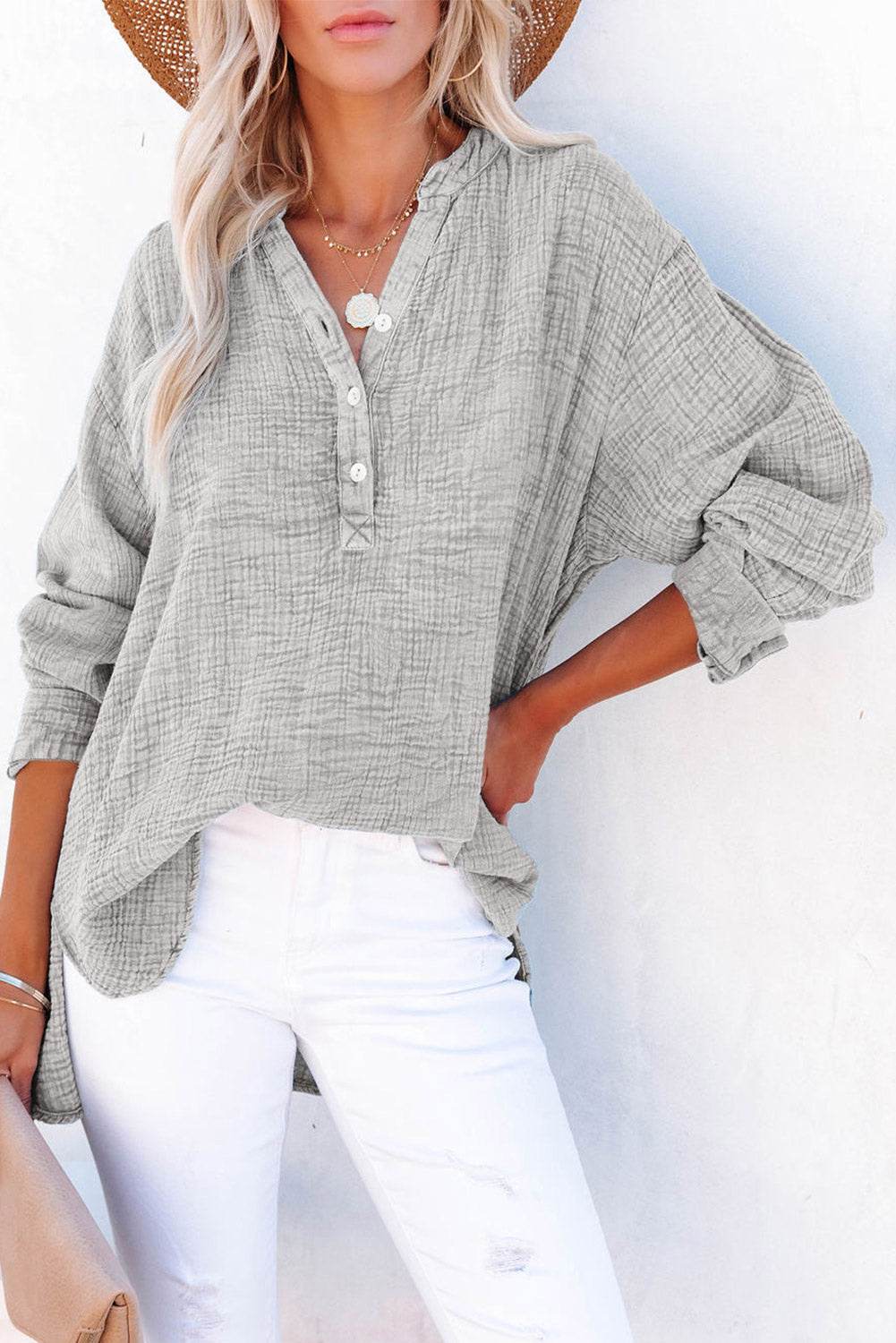 Sky Blue Loose Crinkle Button V Neck Henley Top
