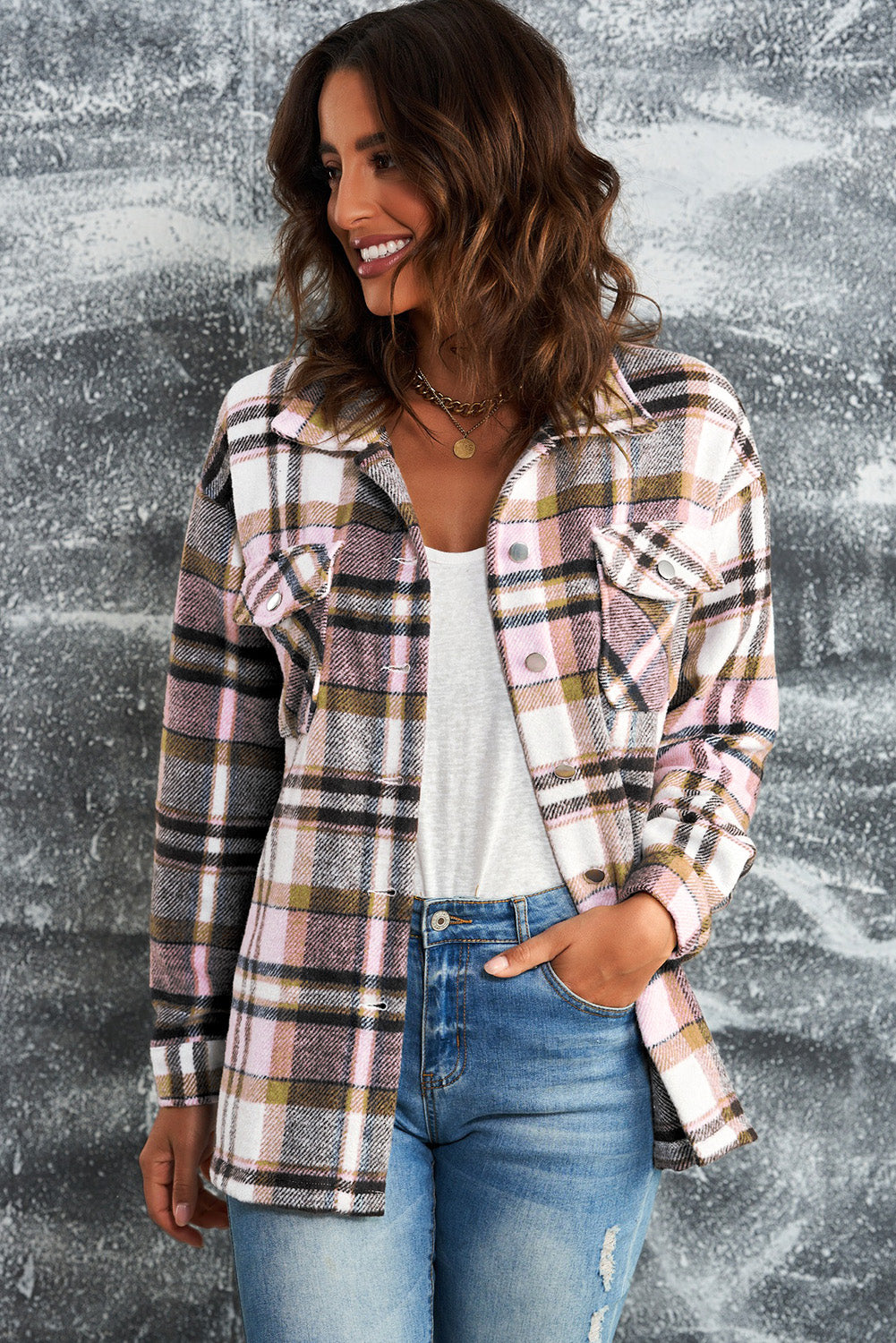Brown Plaid Button Up Long Sleeve Flannel Jacket