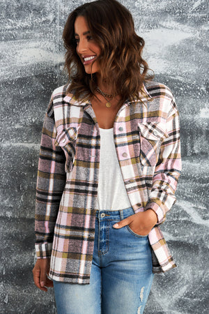 Brown Plaid Button Up Long Sleeve Flannel Jacket
