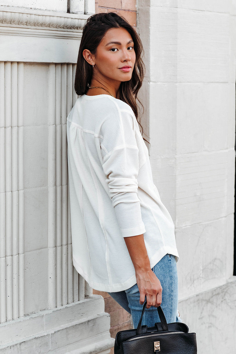 Brown Waffle Knit Casual Button Henley Top
