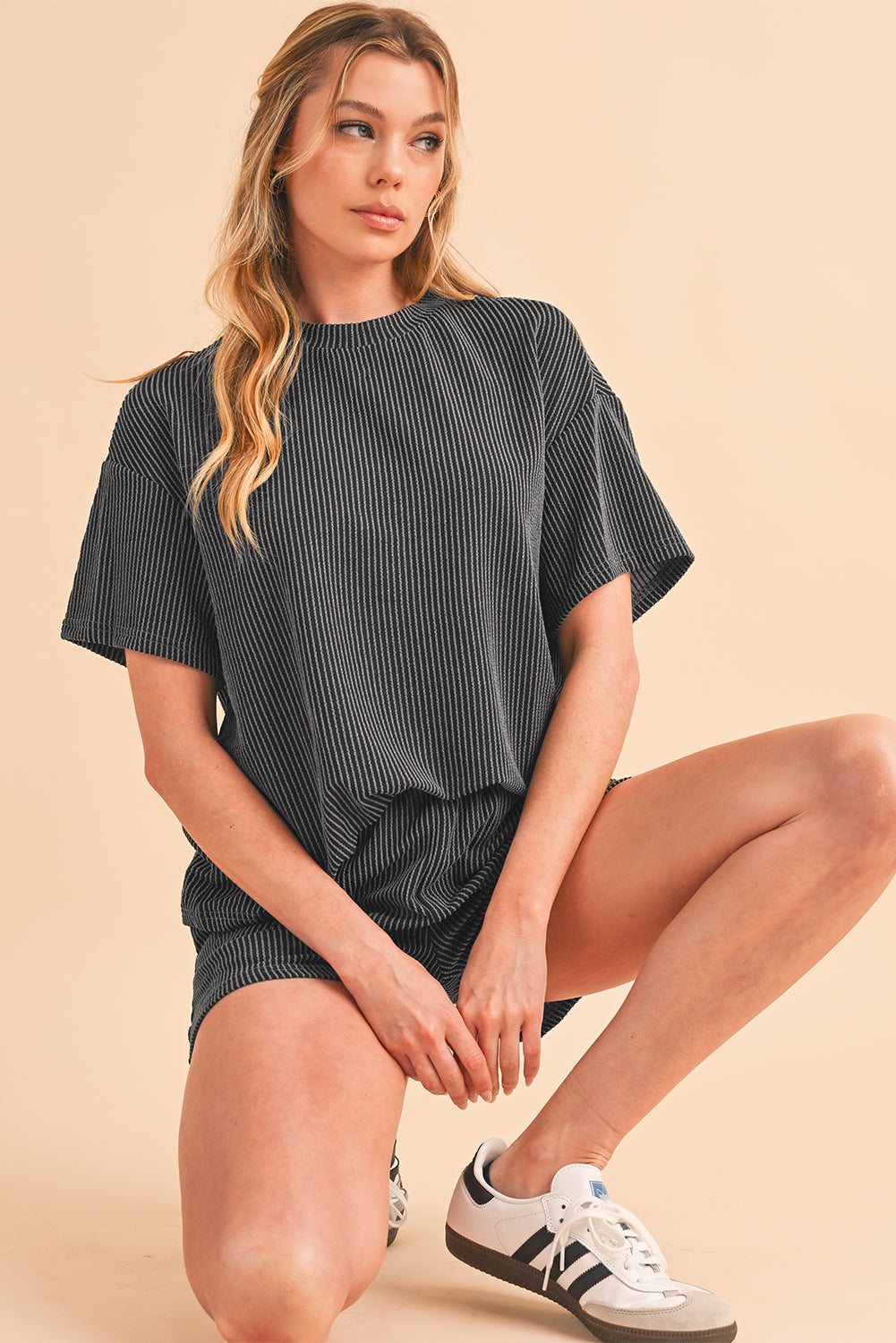 Phalaenopsis Ribbed Textured Loose Fit Tee & Shorts Set
