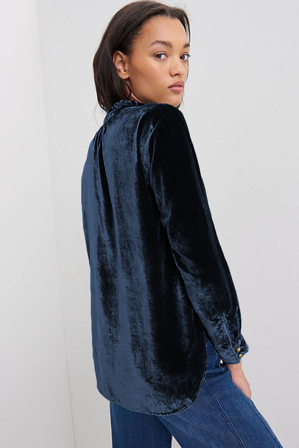 Black Frilled Neck Buttoned Front Velvet Top
