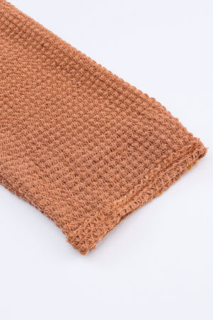 Brown Waffle Knit Button Contrast Trim Long Sleeve Top