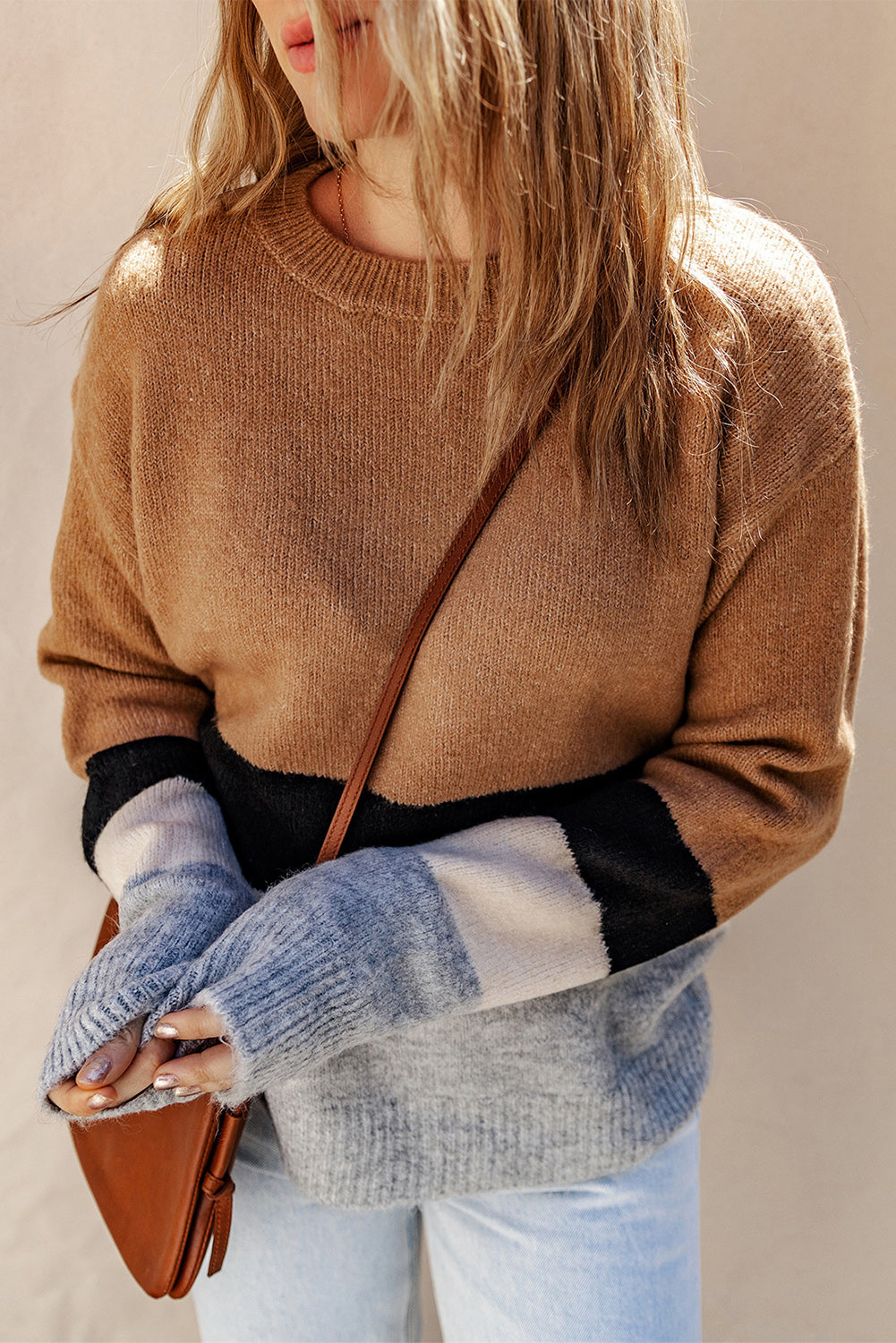 Brown Striped Bottom Colorblock Ribbed Knit Sweater