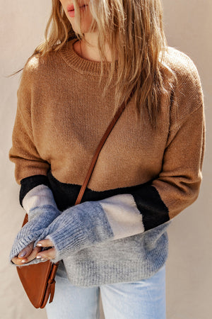 Brown Striped Bottom Colorblock Ribbed Knit Sweater