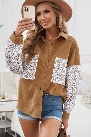 Grey Leopard Patchwork Casual Buttoned Corduroy Shirt Shacket