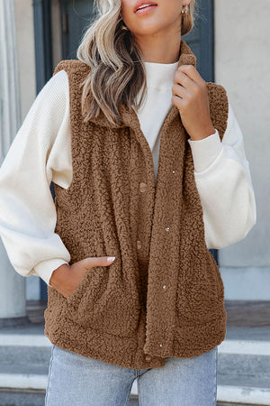 Green Snap Button Collared Stand Neck Sherpa Vest