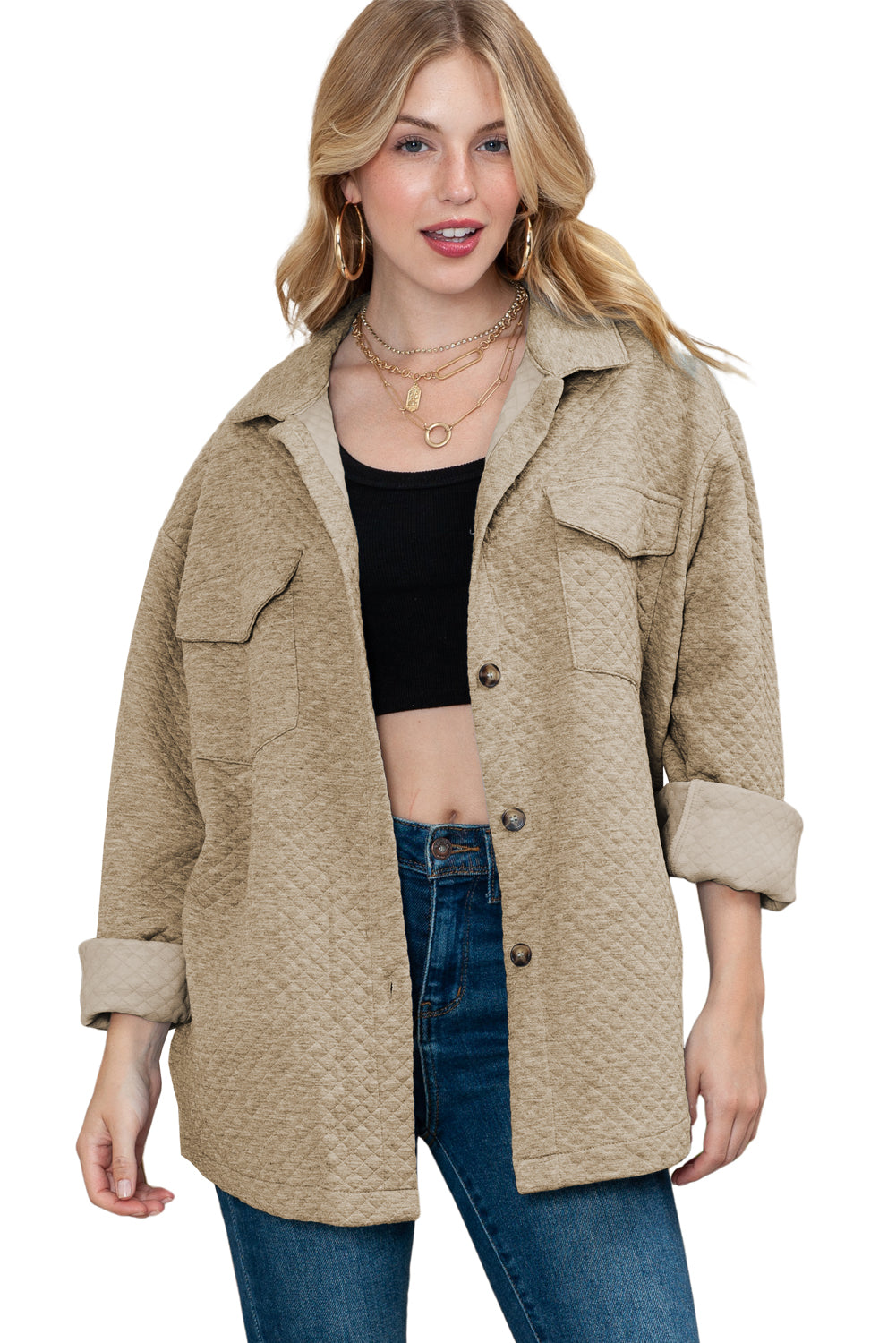 Black Lattice Texture Retro Flap Pocket Button Shacket