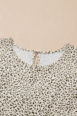Beige Plus Size Leopard Print Frill Trim Short Sleeve Flared Dress