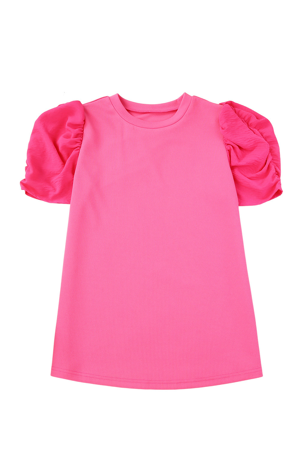 Black Ribbed Crew Neck Elegant Puff Sleeve Top