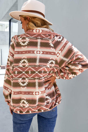 Black Geometric Colorblock Colorblock Snap Button Sherpa Jacket