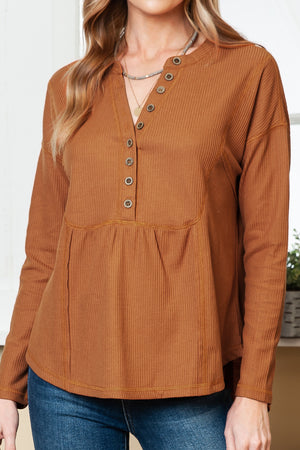 Brown Waffle Knit Casual Button Henley Top