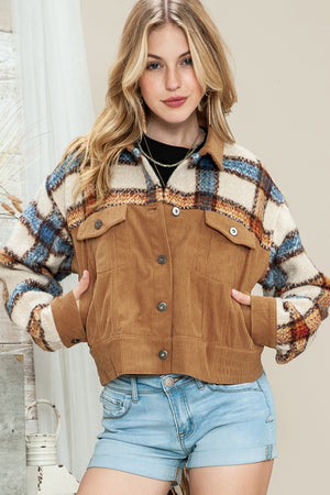 Green Plaid Corduroy Flap Pockets Boxy Chunky Jacket