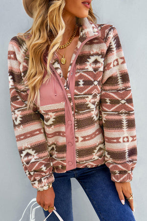 Black Geometric Colorblock Colorblock Snap Button Sherpa Jacket