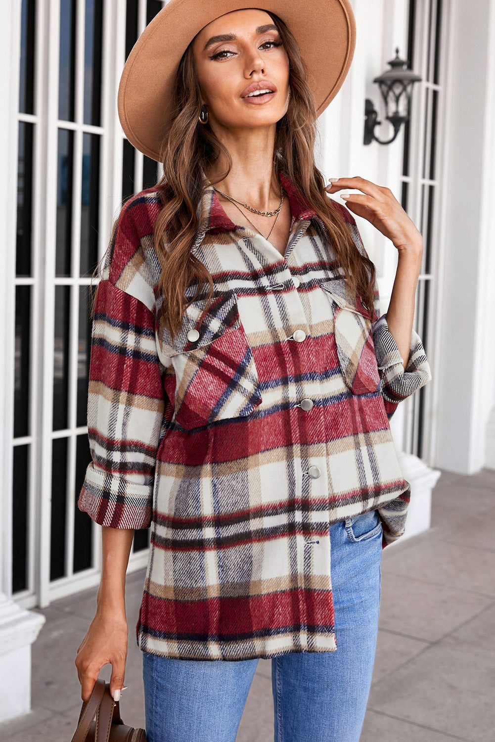 Brown Plaid Button Up Long Sleeve Flannel Jacket