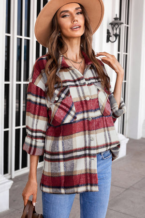 Brown Plaid Button Up Long Sleeve Flannel Jacket