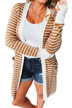 Brown Striped Side Pockets Open Front Long Cardigan