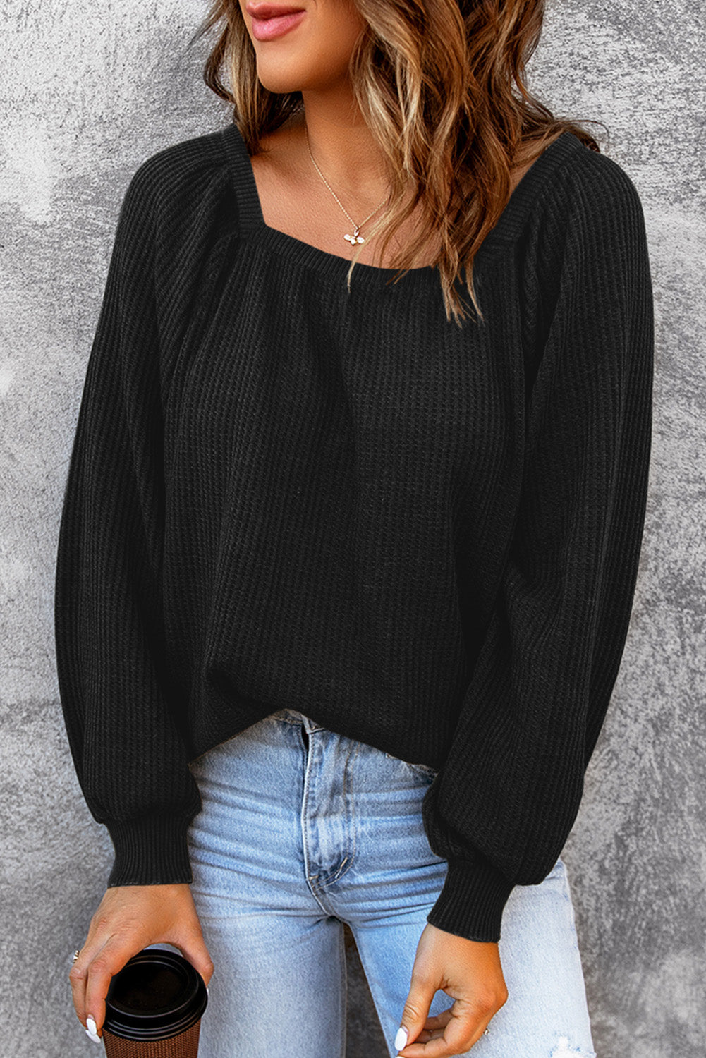 Pink Waffle Texture Casual Square Neck Pullover Top