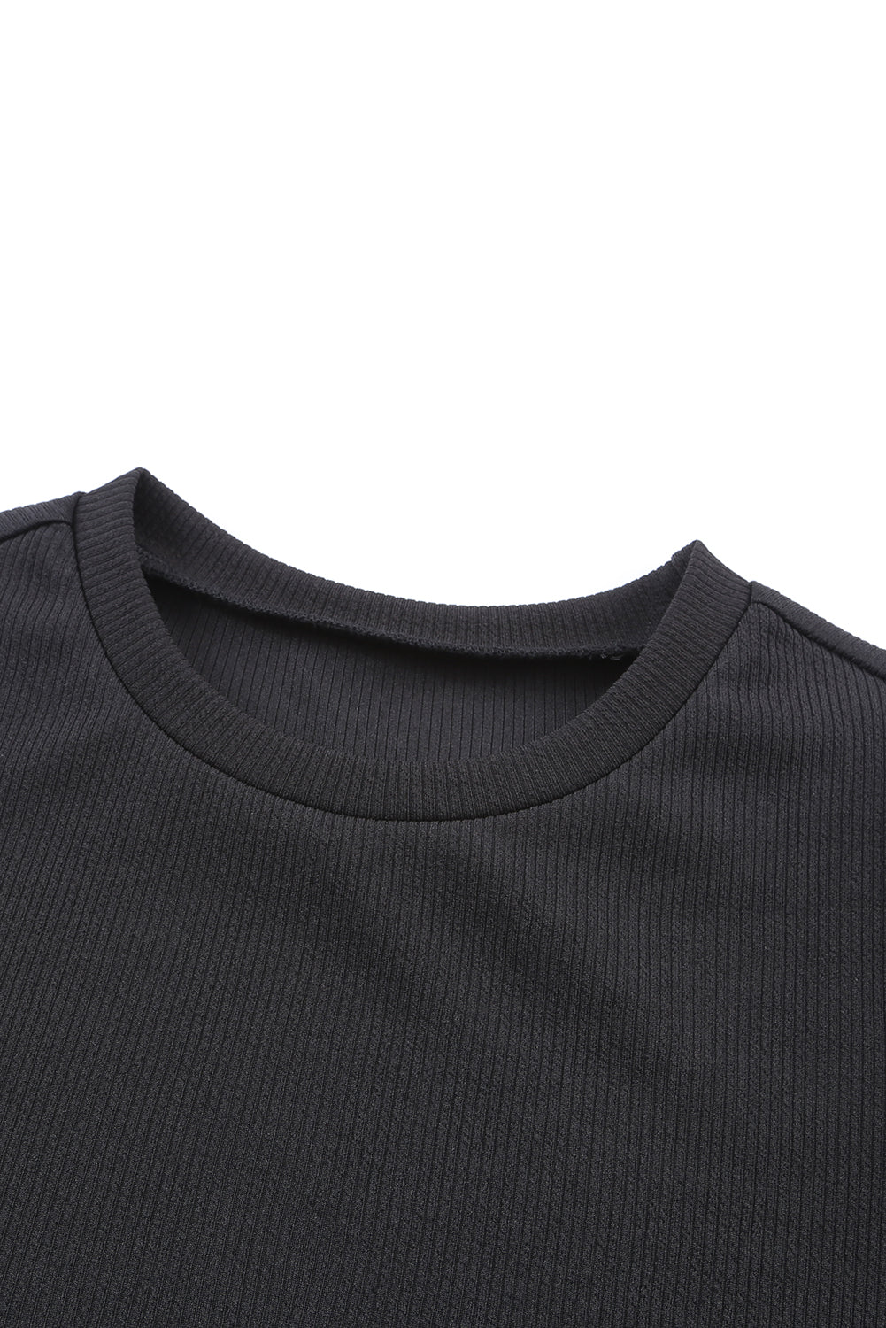 Black Ribbed Crew Neck Elegant Puff Sleeve Top