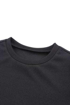 Black Ribbed Crew Neck Elegant Puff Sleeve Top