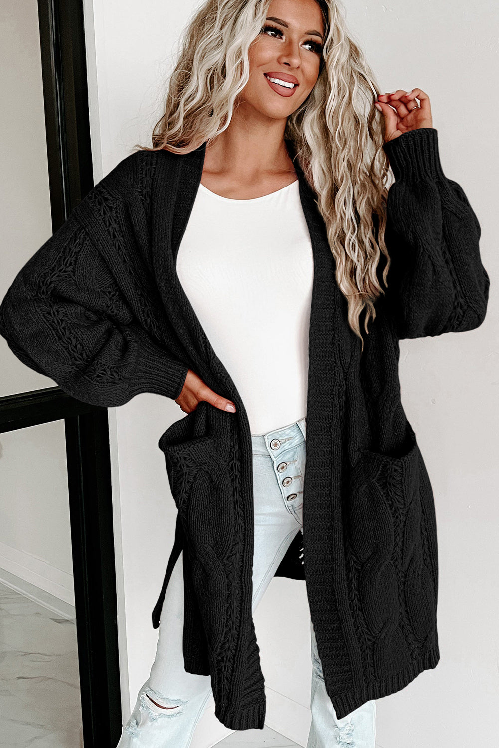 Apricot Ribbed Trim Hollow Knit Side Slits Cardigan