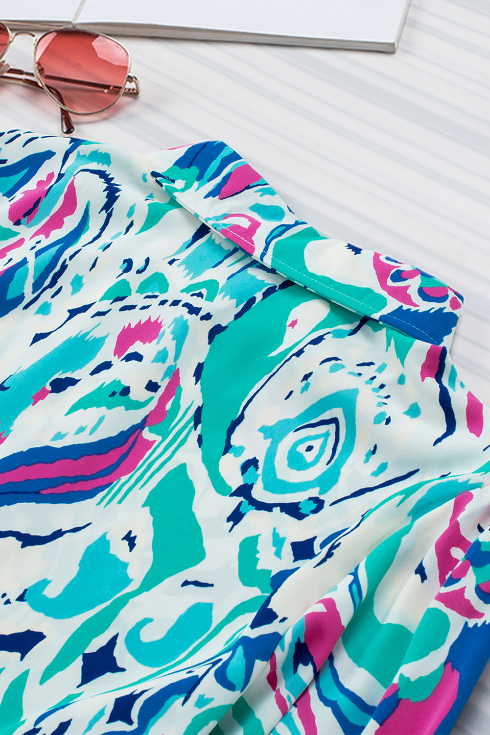 Sky Blue Paisley Print Lantern Sleeve Shirred Cuffs Blouse