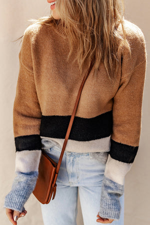 Brown Striped Bottom Colorblock Ribbed Knit Sweater