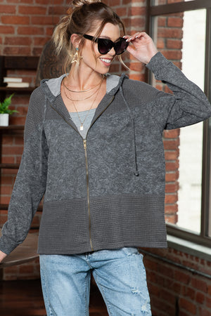 Khaki Dark Washed Patchwork Zip Up Hooded Jacket