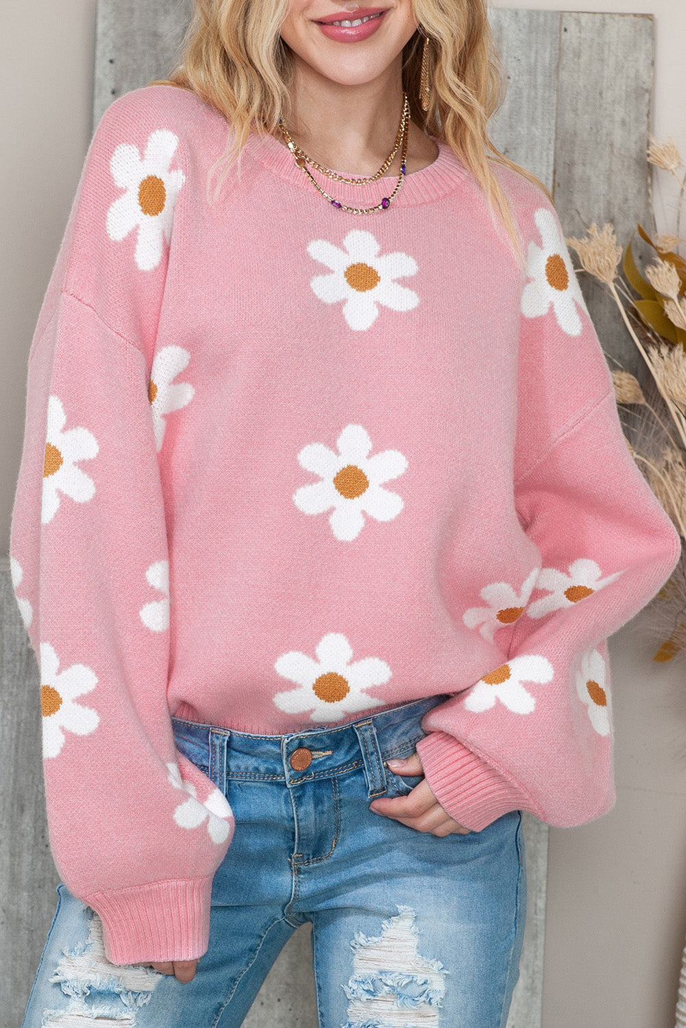 Black Floral Pattern Drop Shoulder Knit Sweater
