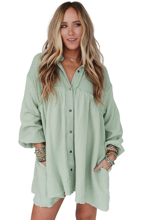 Black Ribbed and Crinkle Patchwork Puff Sleeve Shirt Dress