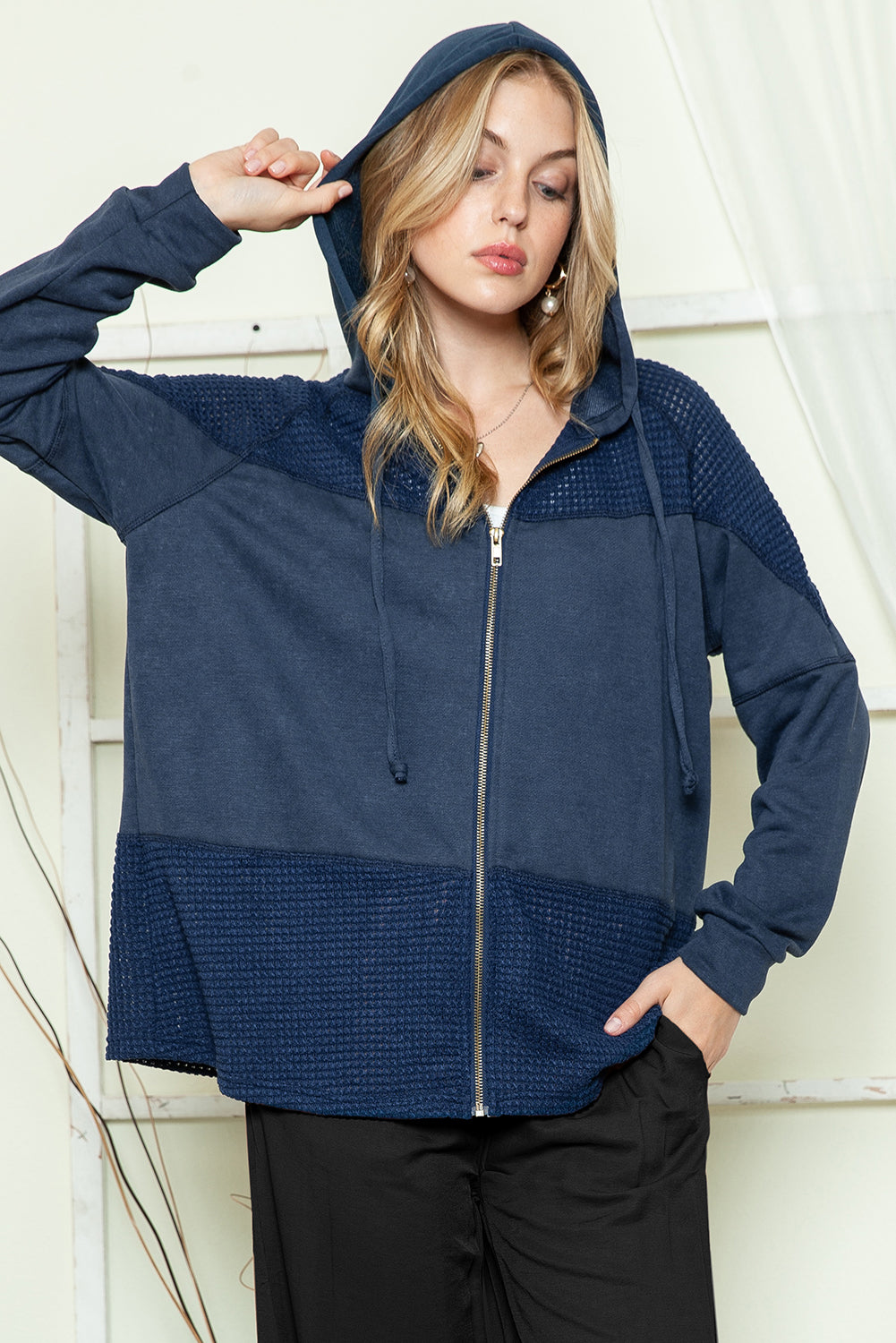 Khaki Dark Washed Patchwork Zip Up Hooded Jacket