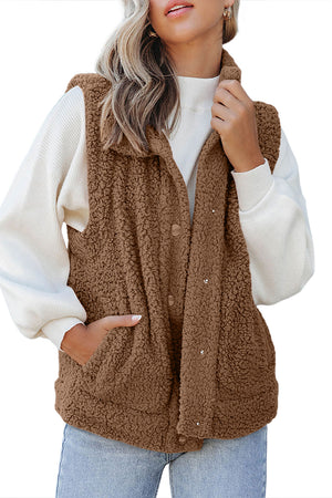 Green Snap Button Collared Stand Neck Sherpa Vest