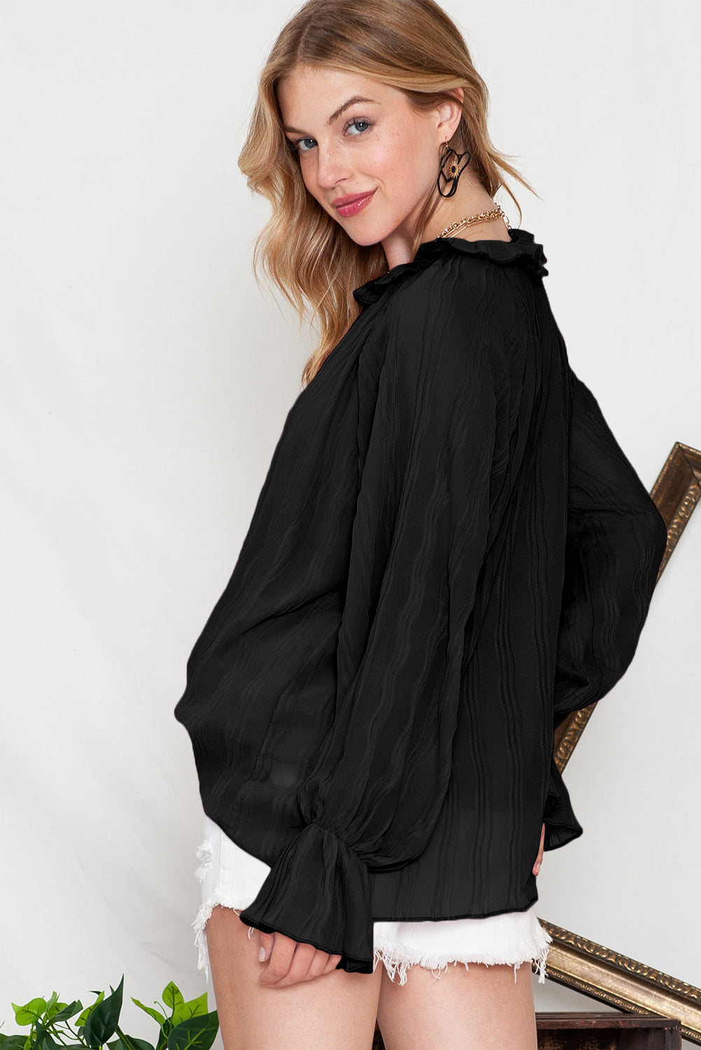 Black Crinkle Frilled Neck Pleated Long Sleeve Blouse